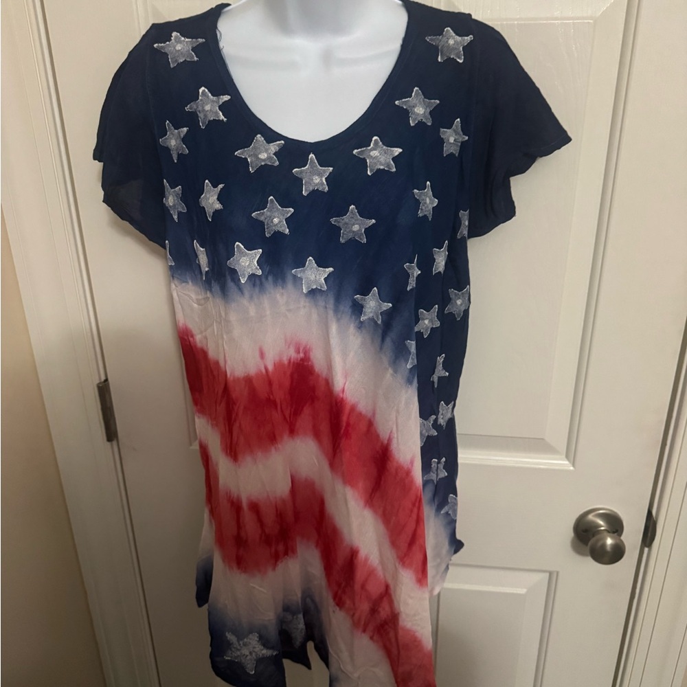 Seven Islands Womens O/S  Tie Dye Tunic Top Red White Blue USA Short Sleeve NWT